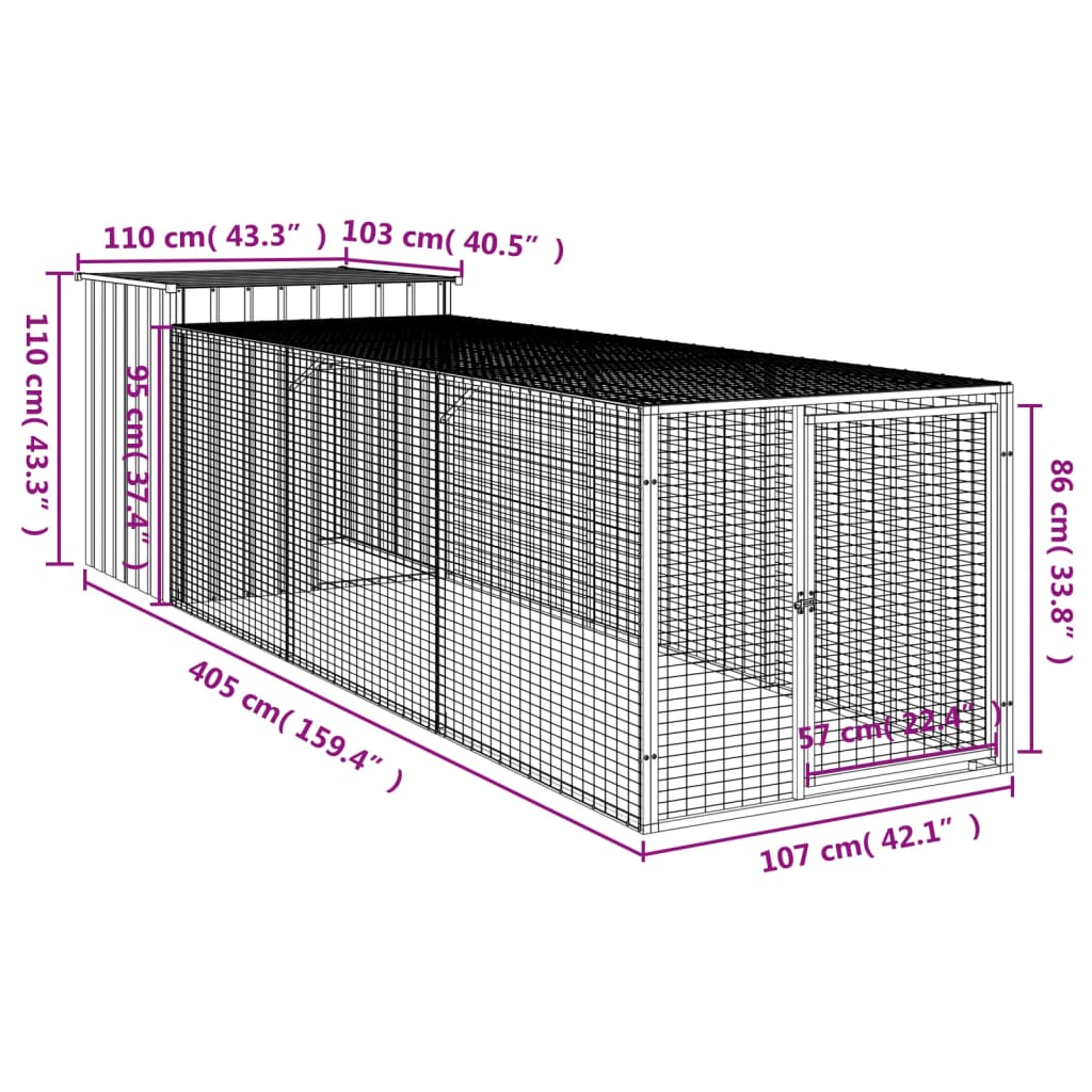 vidaXL Chicken Cage with Run Anthracite 110x405x110cm Galvanised Steel