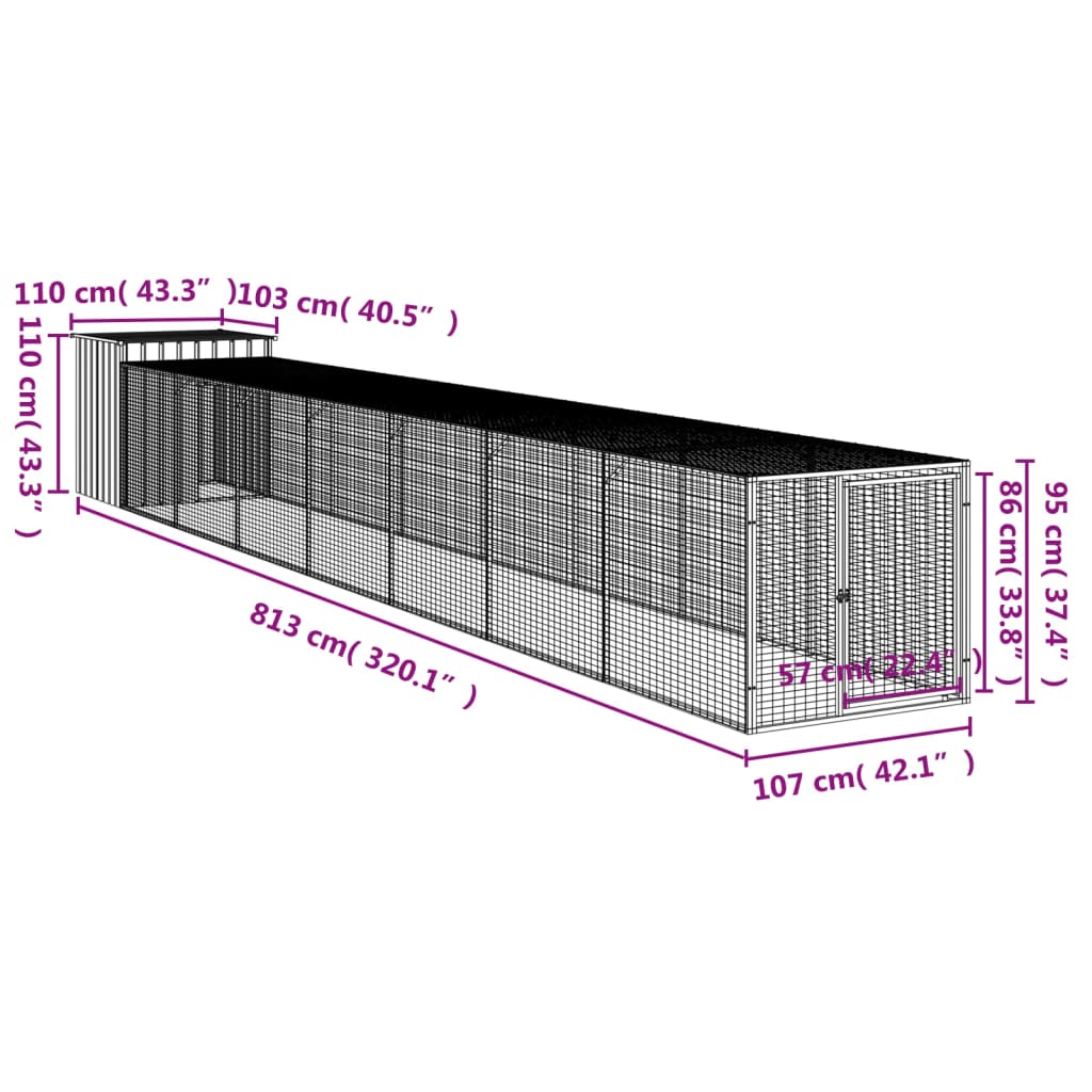 vidaXL Chicken Cage with Run Light Grey 110x813x110 cm Galvanised Steel