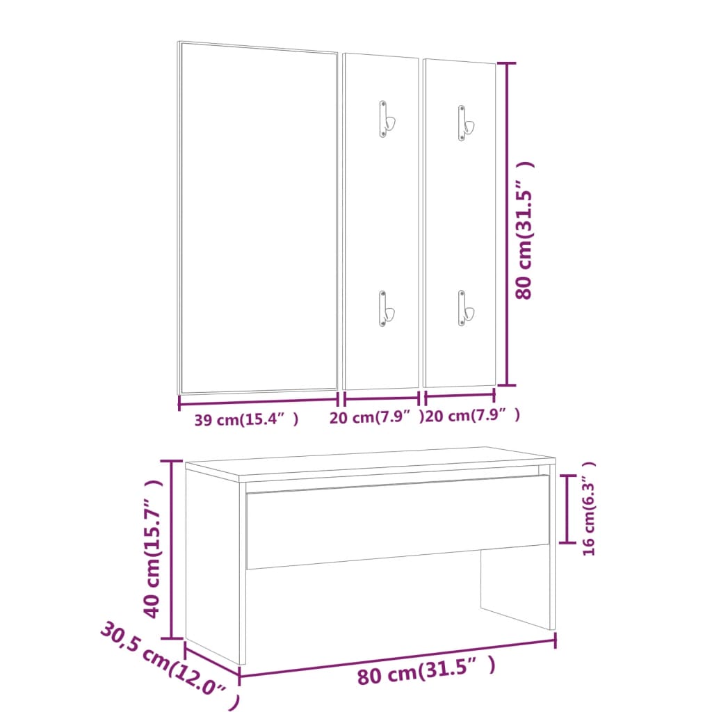 vidaXL Hallway Furniture Set Black Engineered Wood