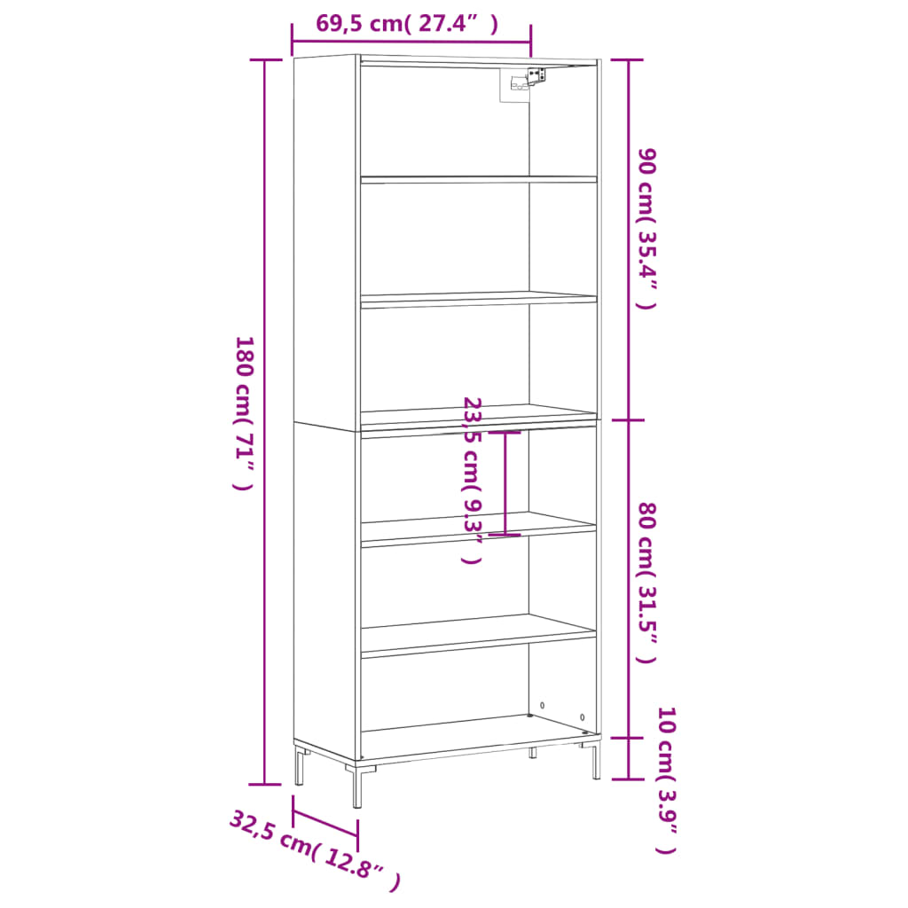 vidaXL Highboard Concrete Grey 69,5x32,5x180 cm Engineered Wood