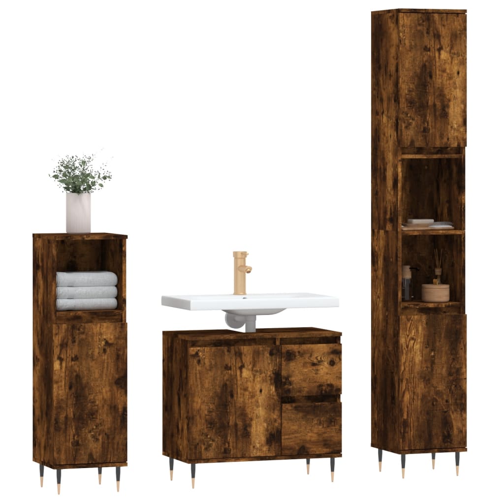 vidaXL 3 Piece Bathroom Furniture Set Smoked Oak Engineered Wood