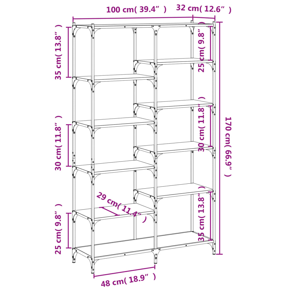 vidaXL Bookshelf Smoked Oak 100x32x170 cm Engineered Wood and Iron