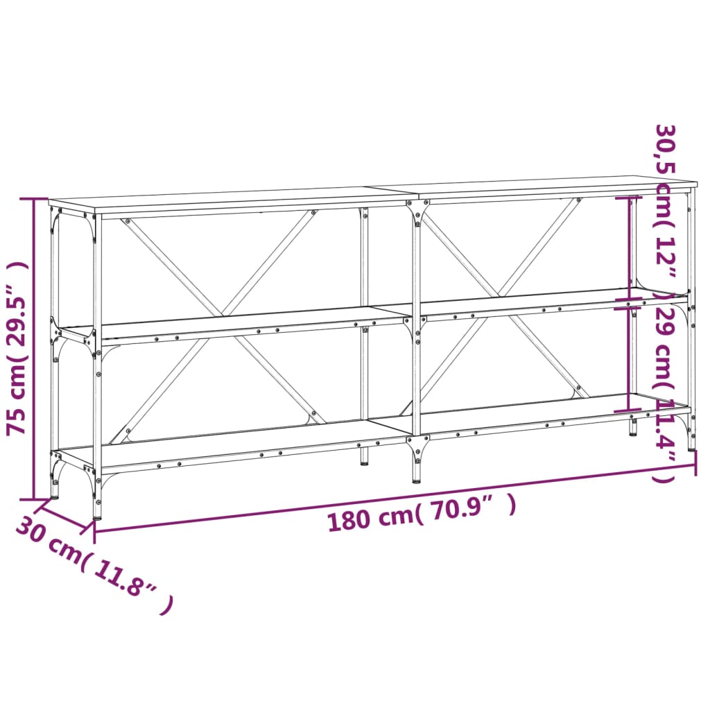 vidaXL Console Table Grey Sonoma 180x30x75 cm Engineered Wood and Iron
