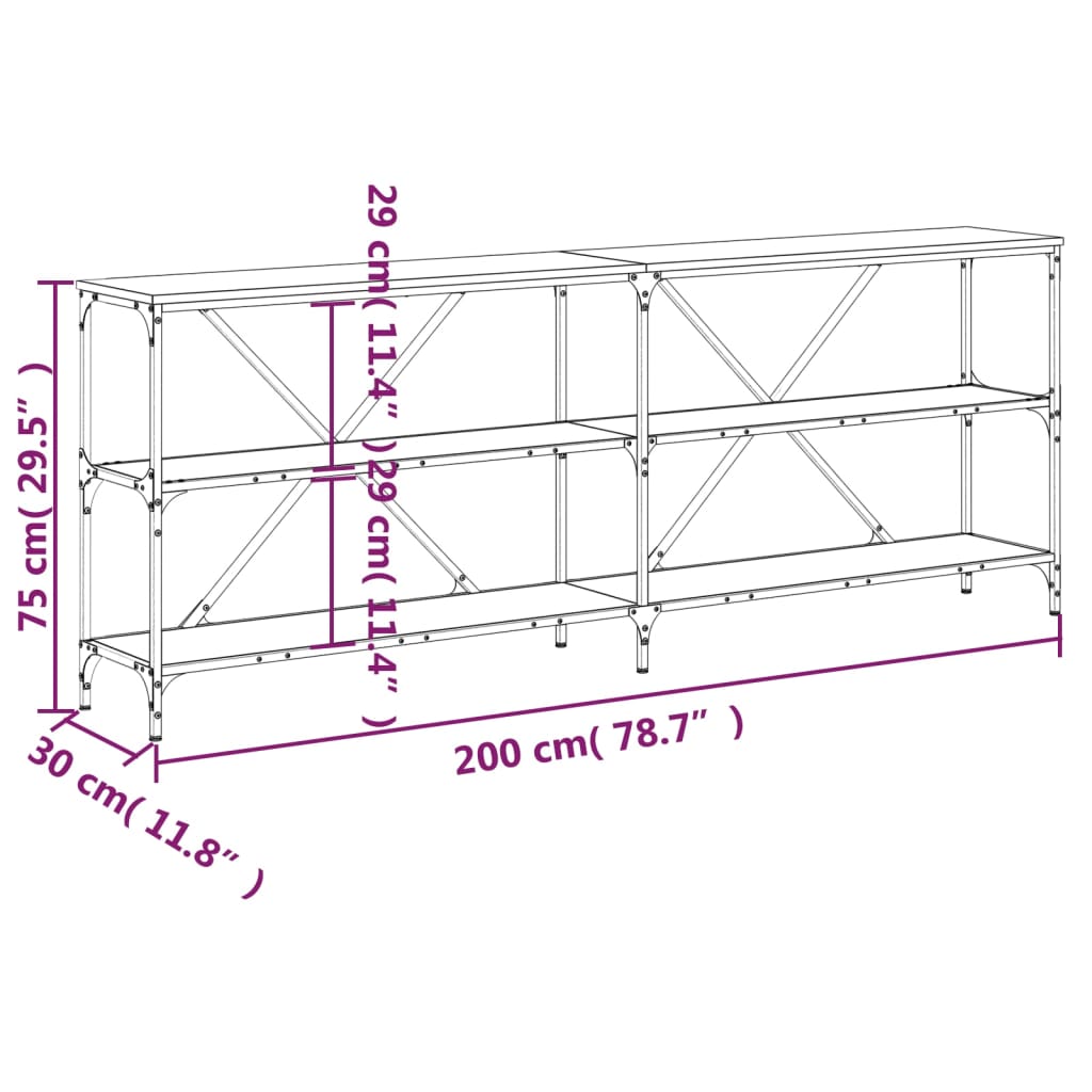 vidaXL Console Table Smoked Oak 200x30x75 cm Engineered Wood and Iron