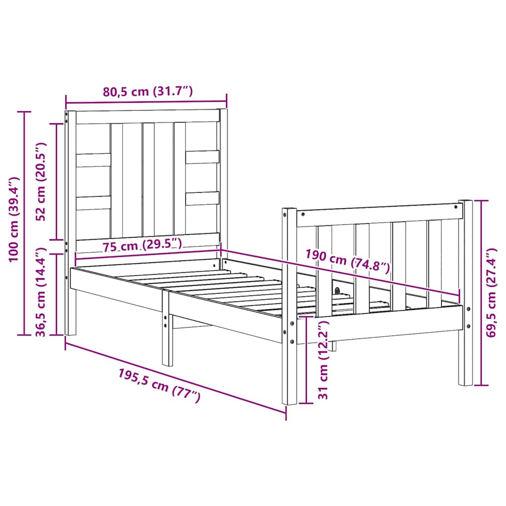 vidaXL Bed Frame without Mattress Black Small Single Solid Wood Pine