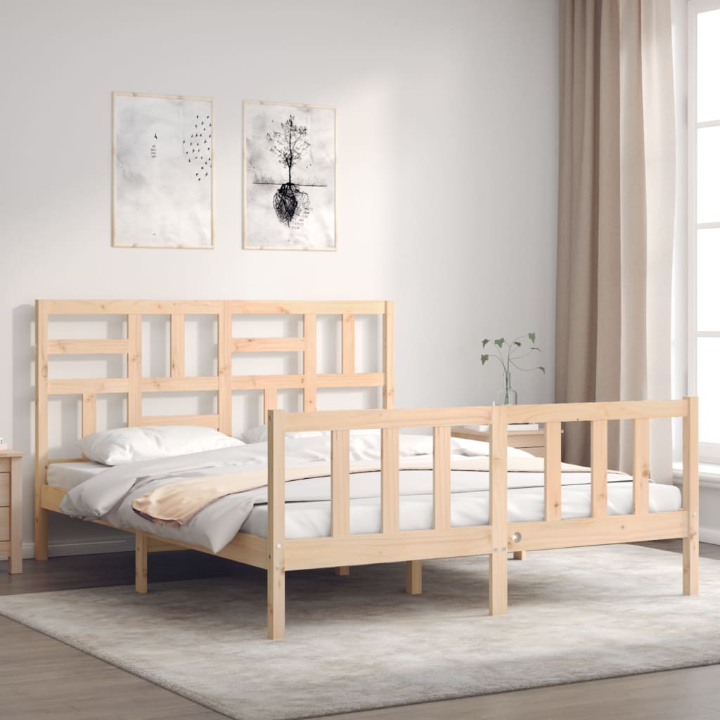 vidaXL Bed Frame | Natural Pine | Solid Pine Wood, Plywood | Double Size