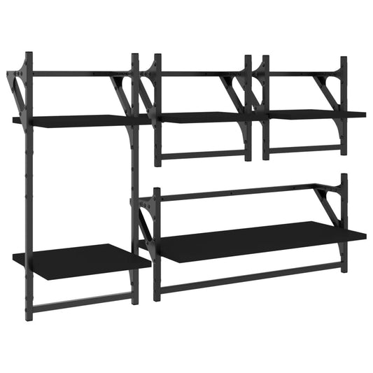 vidaXL 4 Piece Wall Shelf Set with Bars Black Engineered Wood