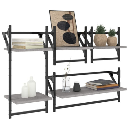 vidaXL 4 Piece Wall Shelf Set with Bars Grey Sonoma Engineered Wood