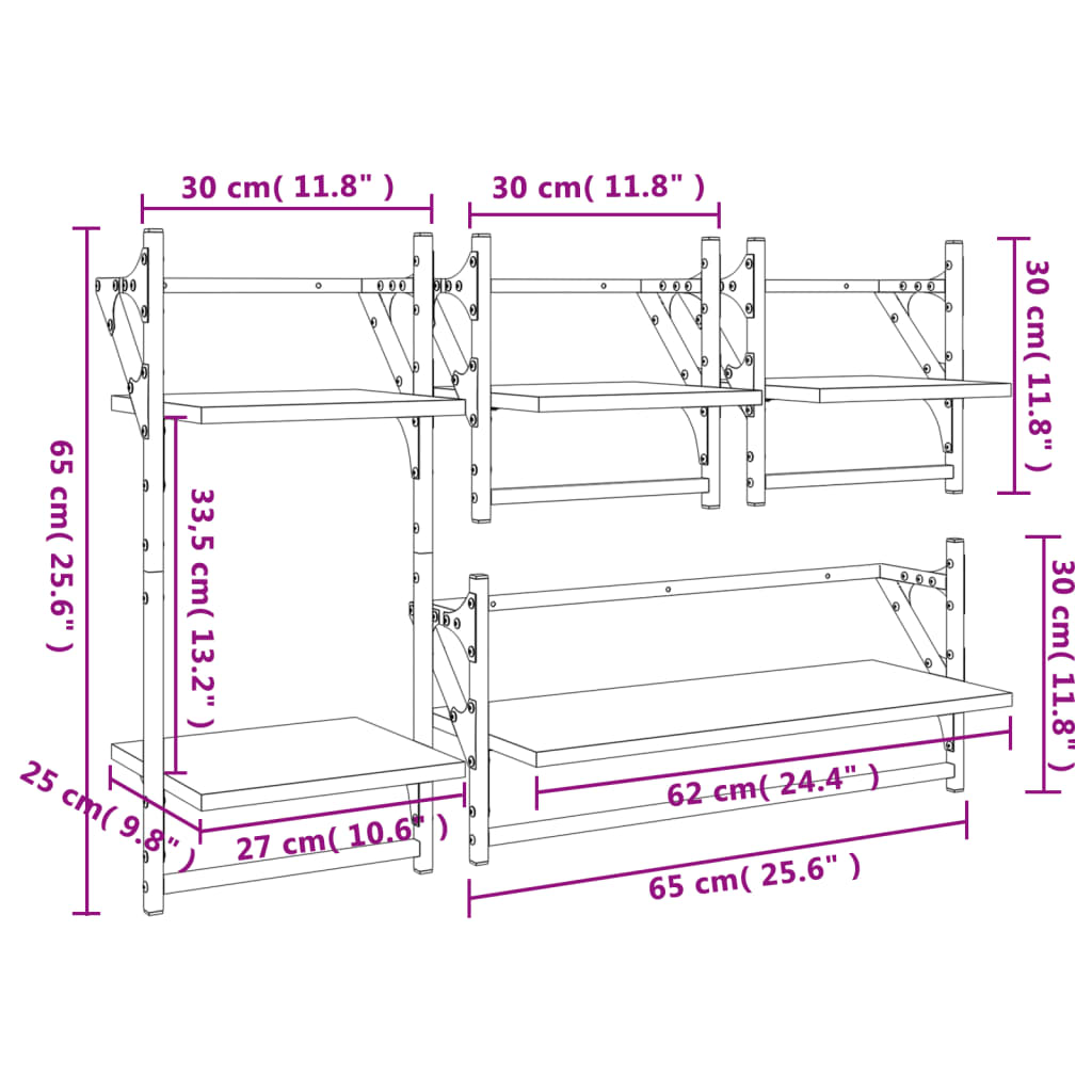 vidaXL 4 Piece Wall Shelf Set with Bars Grey Sonoma Engineered Wood