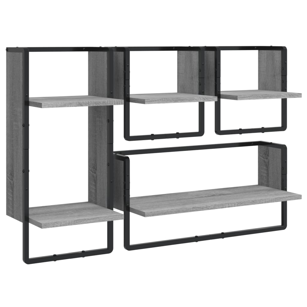 vidaXL 4 Piece Wall Shelf Set with Bars Grey Sonoma Engineered Wood