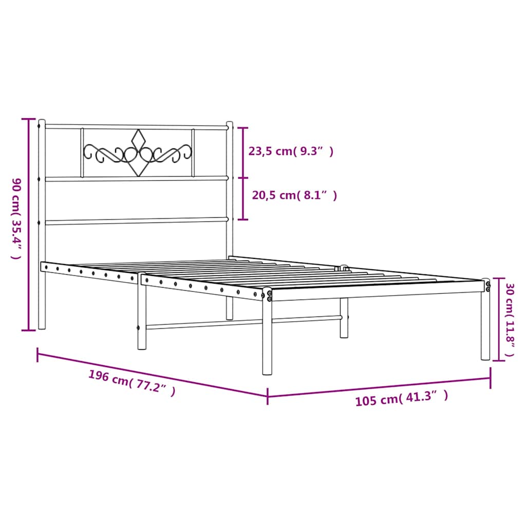 vidaXL Metal Bed Frame without Mattress with Headboard Black 100x190cm