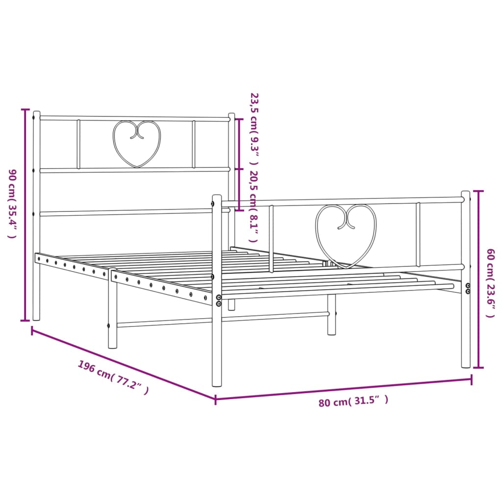 vidaXL Metal Bed Frame without Mattress with Footboard White 75x190cm