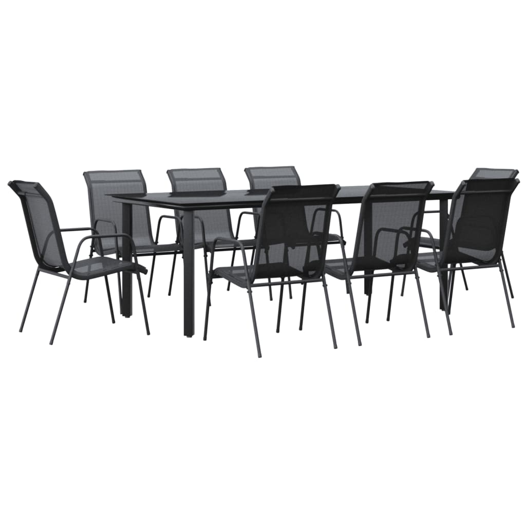 vidaXL 9 Piece Garden Dining Set Black Steel and Textilene