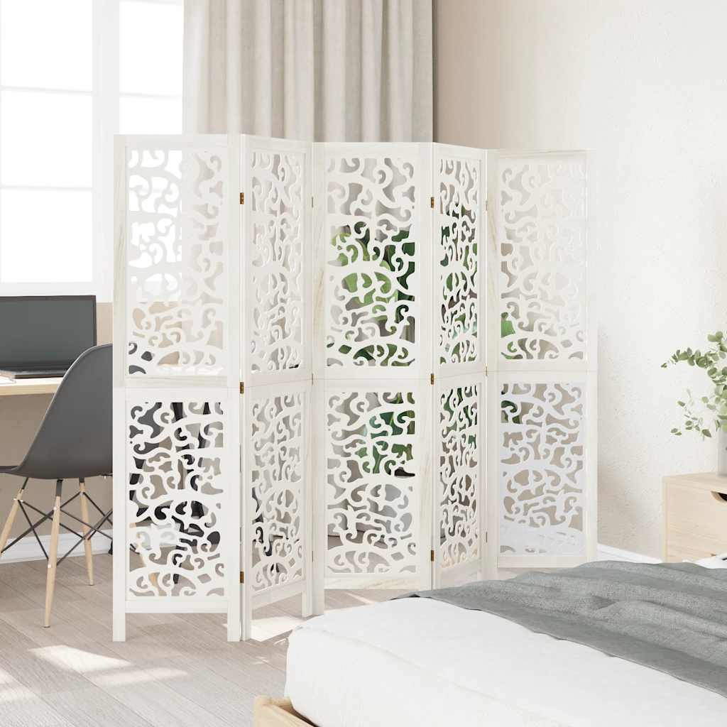 vidaXL Room Divider 5 Panels White Solid Wood Paulownia