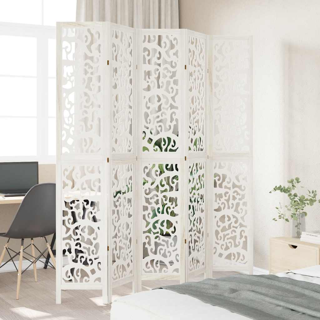 vidaXL Room Divider 5 Panels White Solid Wood Paulownia
