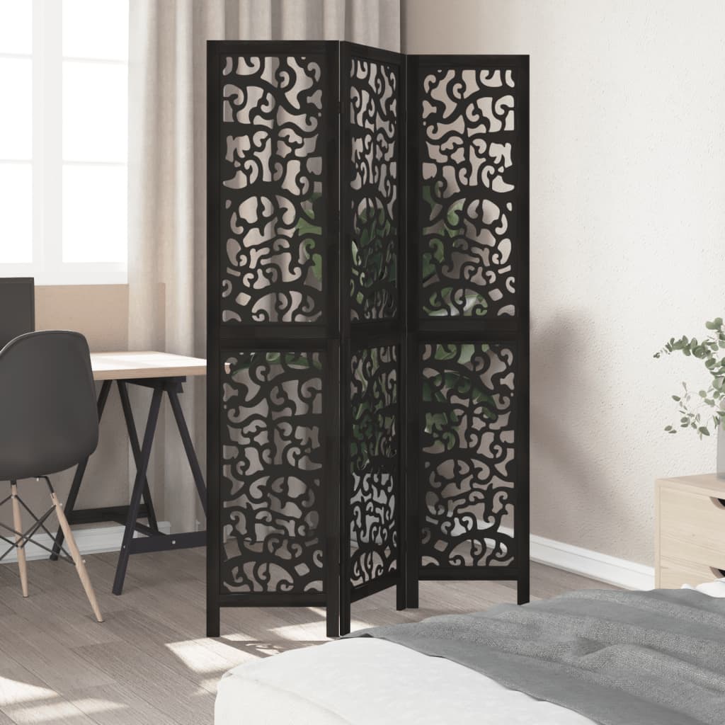 vidaXL Room Divider 3 Panels Black Solid Wood Paulownia