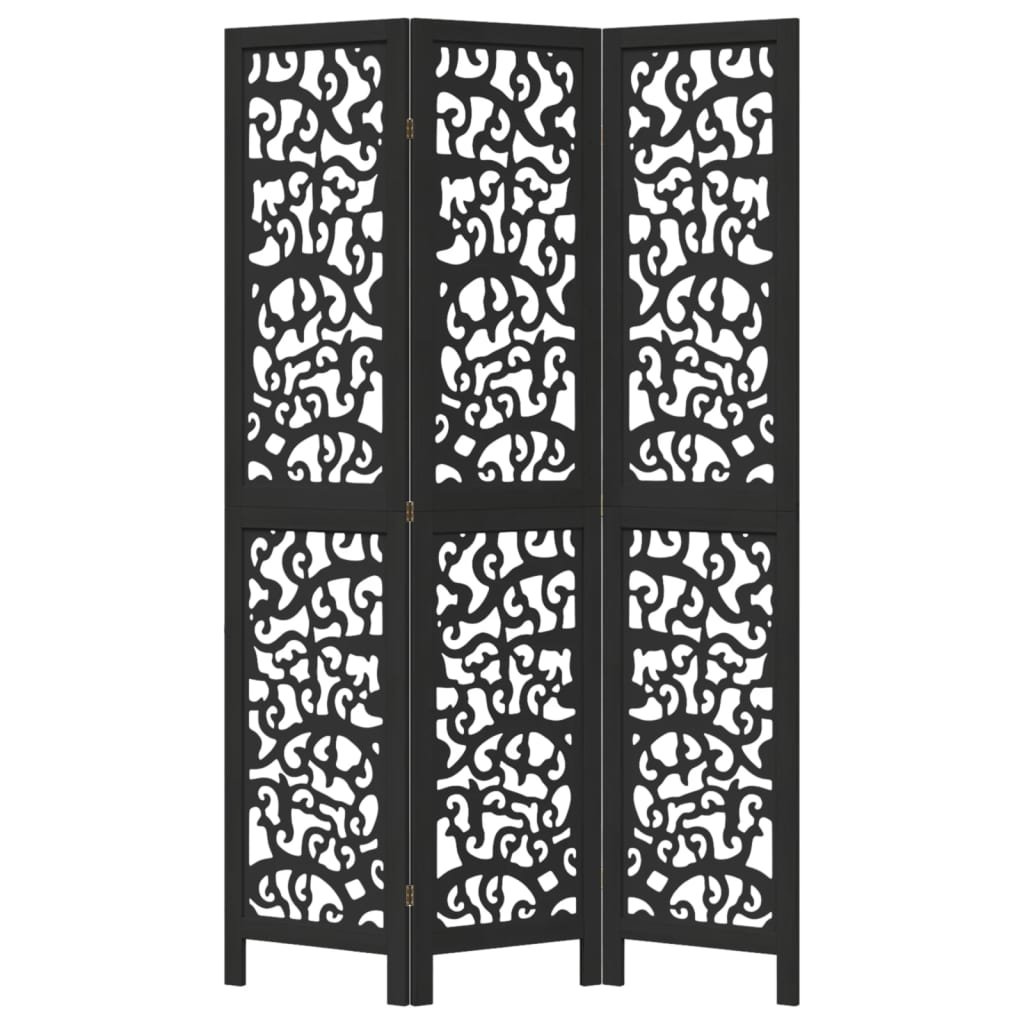 vidaXL Room Divider 3 Panels Black Solid Wood Paulownia
