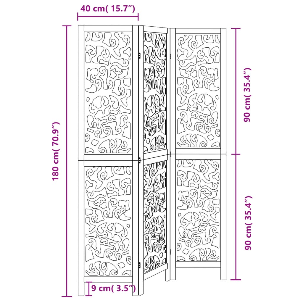 vidaXL Room Divider 3 Panels Black Solid Wood Paulownia
