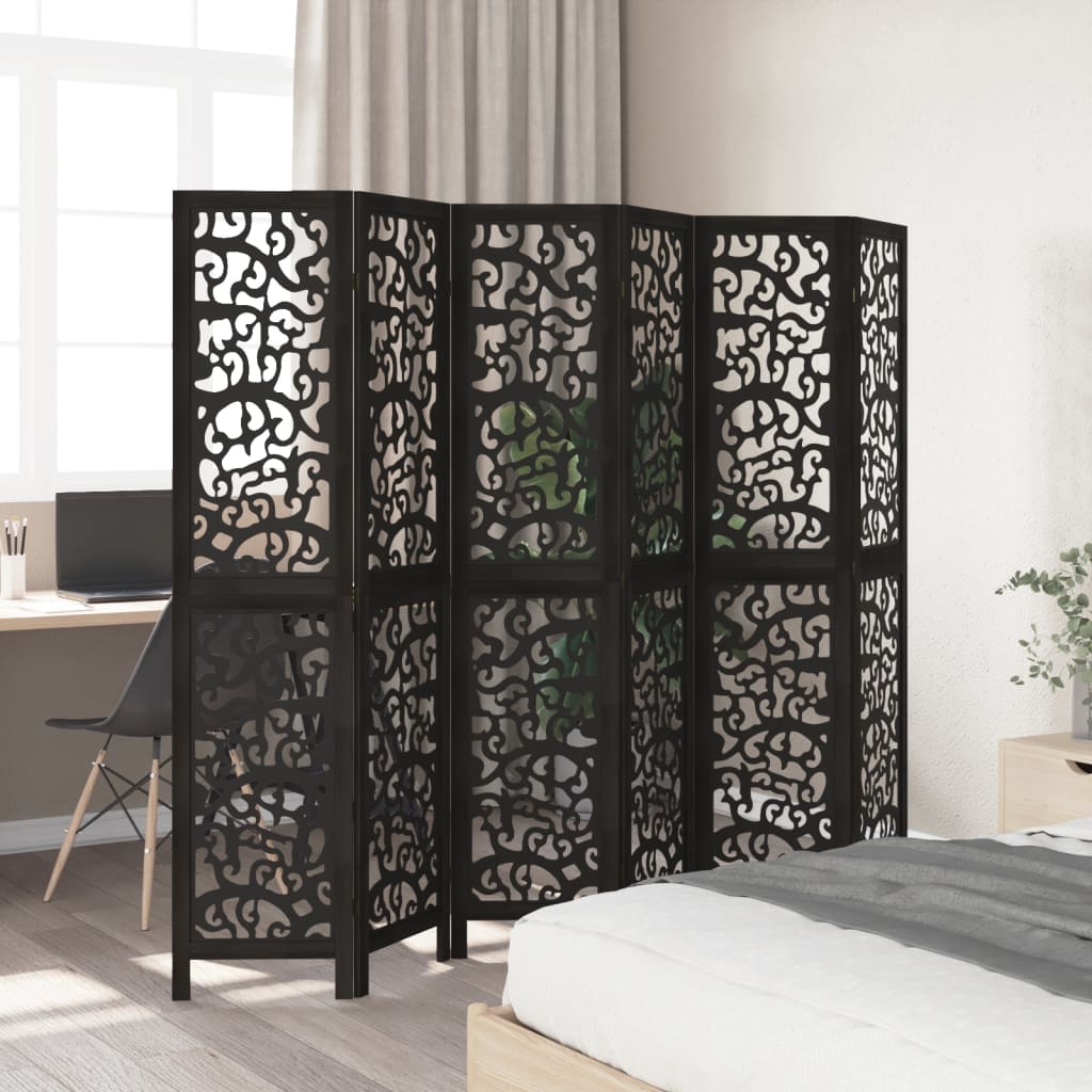 vidaXL Room Divider 6 Panels Black Solid Wood Paulownia
