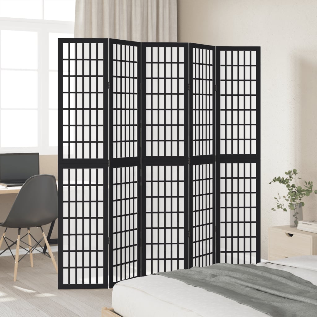 vidaXL Room Divider 5 Panels Black Solid Wood Paulownia
