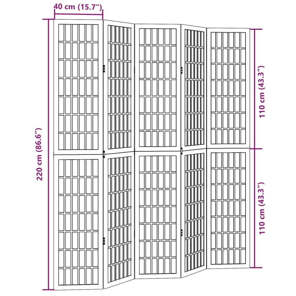 vidaXL Room Divider 5 Panels Black Solid Wood Paulownia