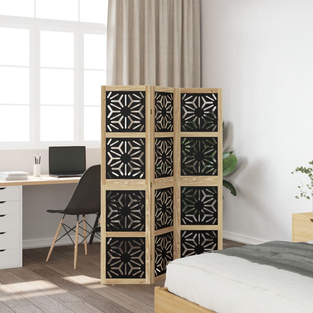 vidaXL Room Divider 3 Panels Brown and Black Solid Wood Paulownia