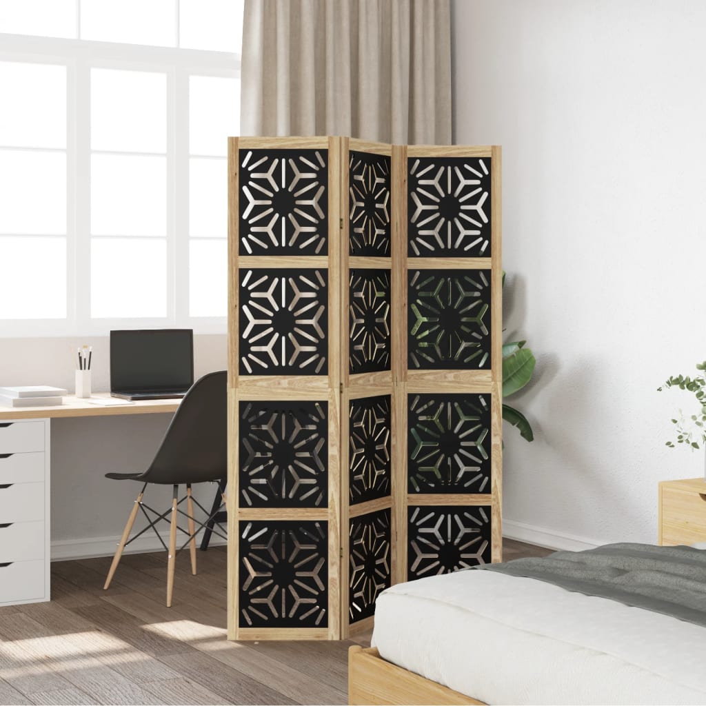vidaXL Room Divider 3 Panels Brown and Black Solid Wood Paulownia
