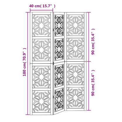 vidaXL Room Divider 3 Panels Brown and Black Solid Wood Paulownia
