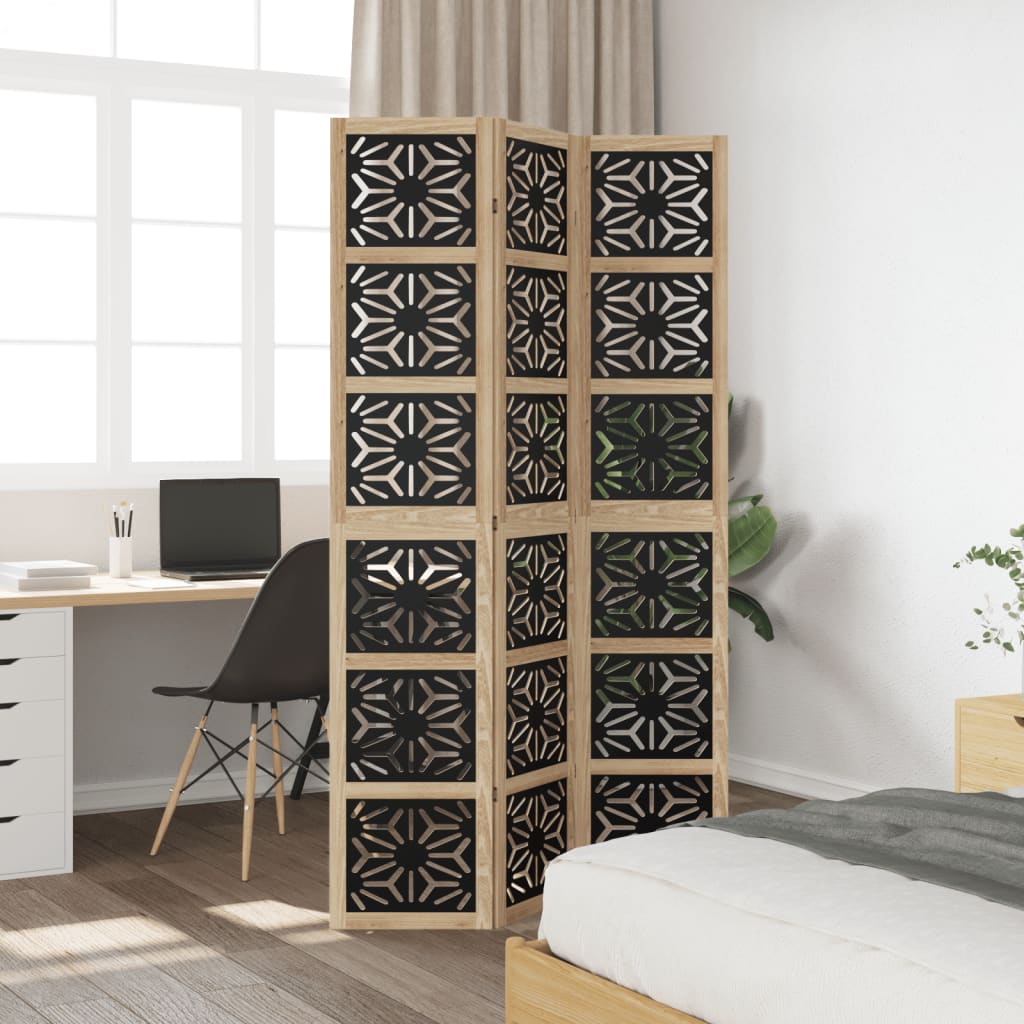 vidaXL Room Divider 3 Panels Brown and Black Solid Wood Paulownia