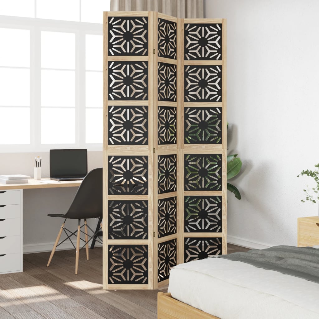 vidaXL Room Divider 3 Panels Brown and Black Solid Wood Paulownia
