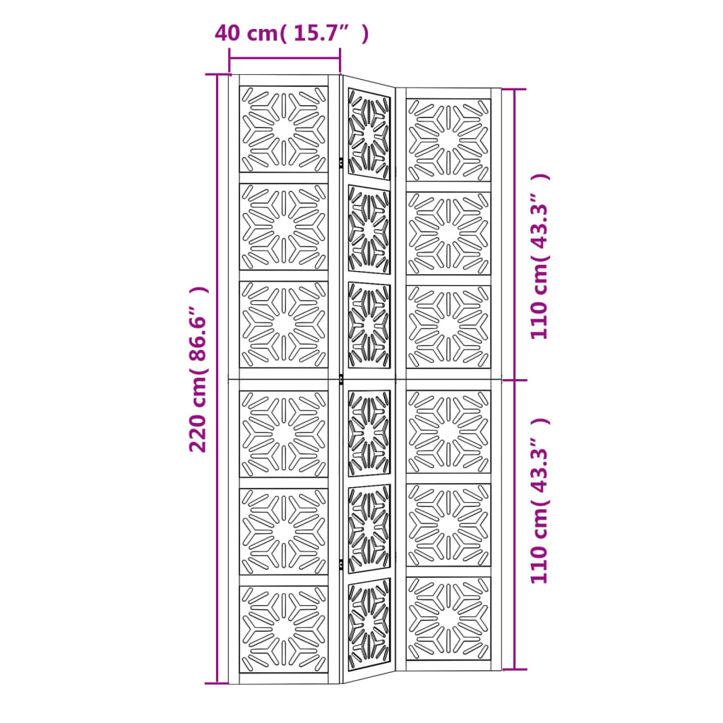 vidaXL Room Divider 3 Panels Brown and Black Solid Wood Paulownia
