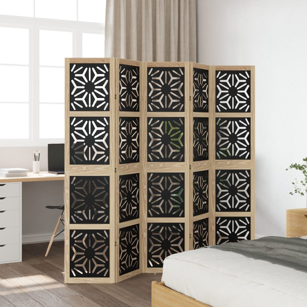 vidaXL Room Divider 5 Panels Brown and Black Solid Wood Paulownia