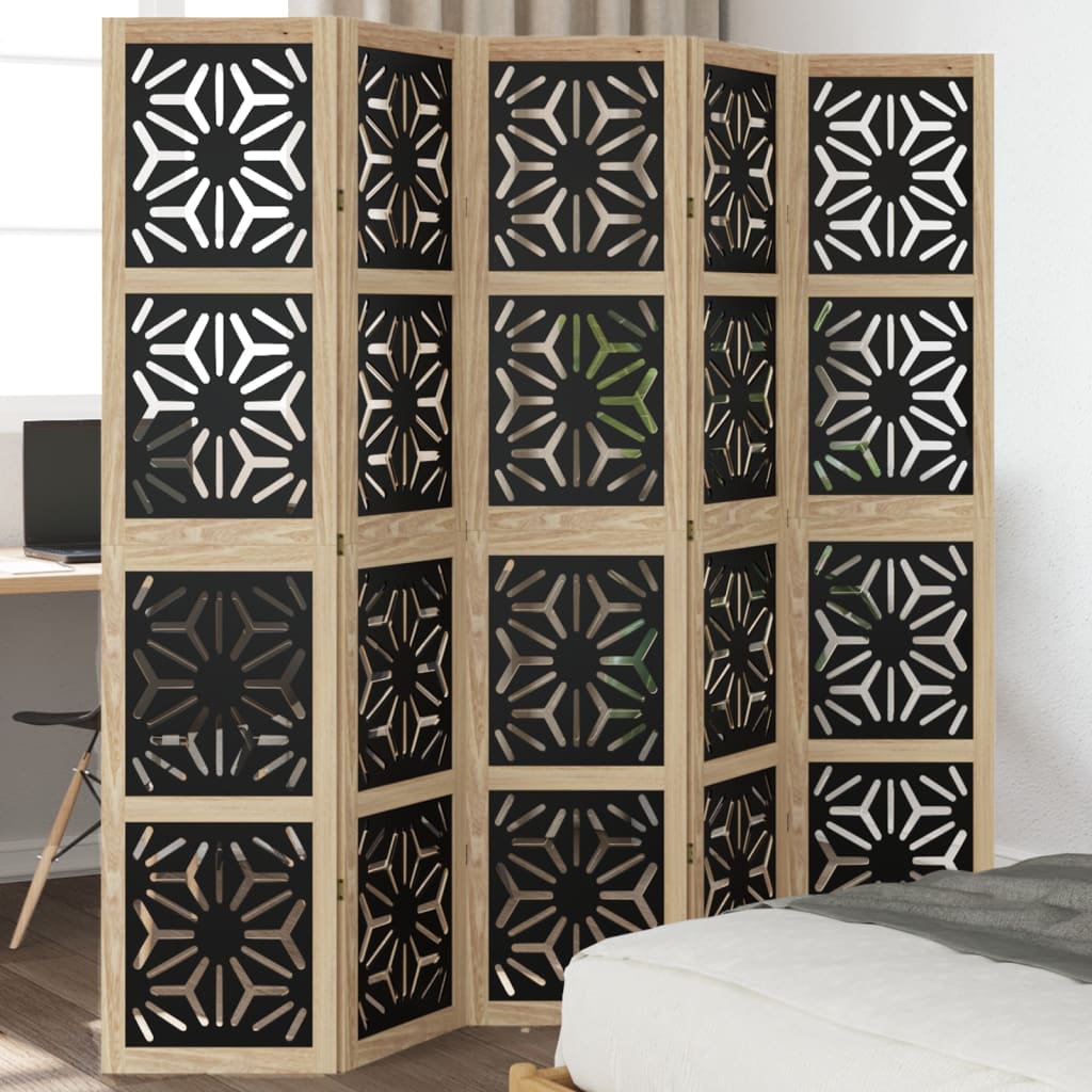 vidaXL Room Divider 5 Panels Brown and Black Solid Wood Paulownia