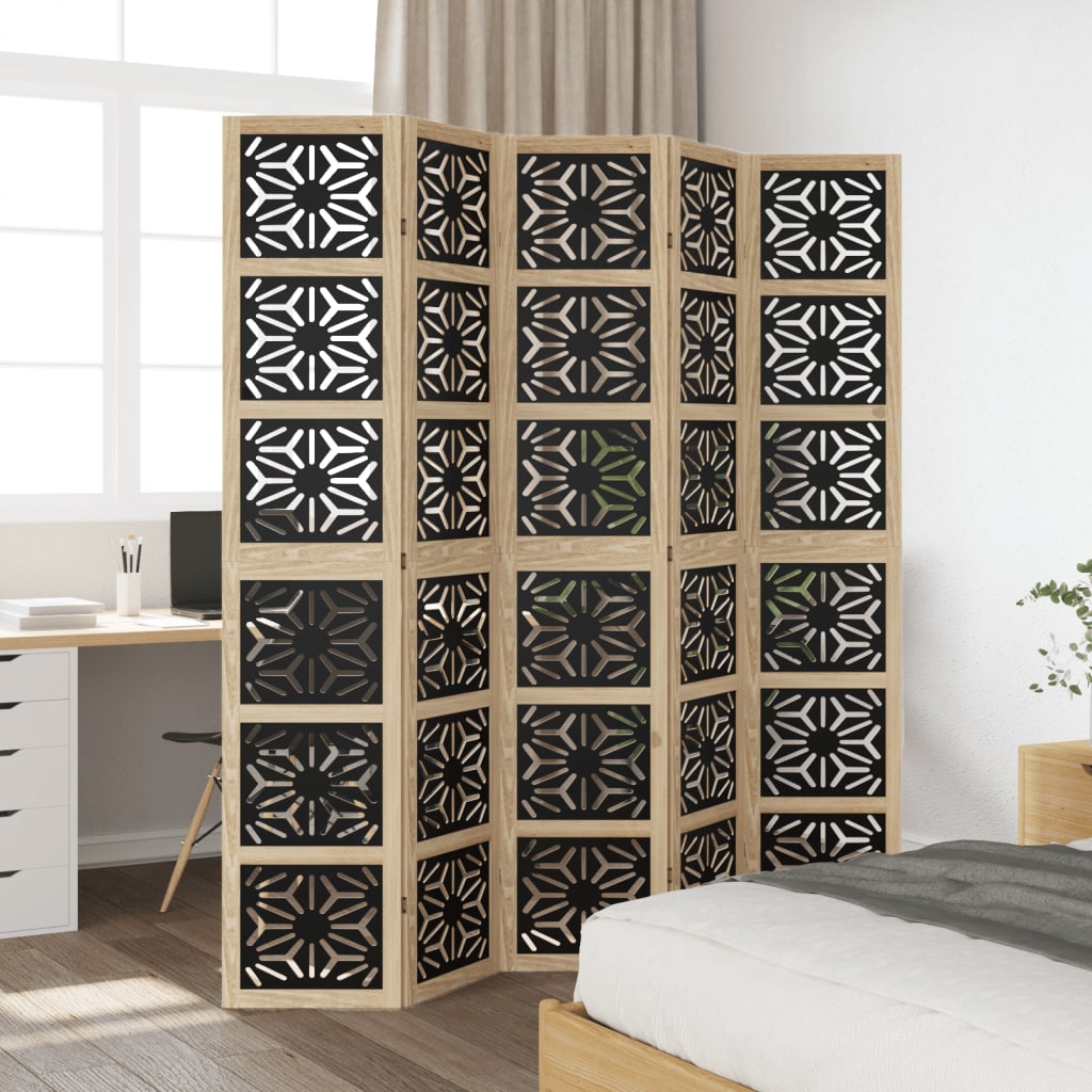 vidaXL Room Divider 5 Panels Brown and Black Solid Wood Paulownia