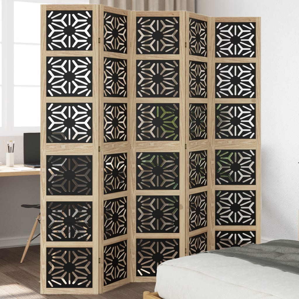vidaXL Room Divider 5 Panels Brown and Black Solid Wood Paulownia