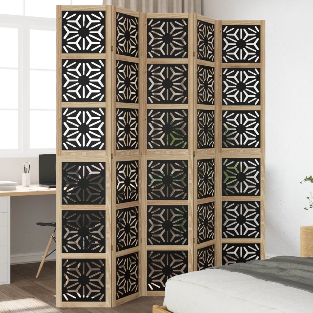 vidaXL Room Divider 5 Panels Brown and Black Solid Wood Paulownia