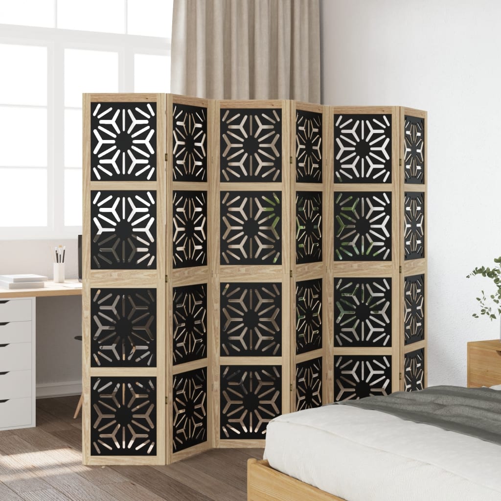 vidaXL Room Divider 6 Panels Brown and Black Solid Wood Paulownia