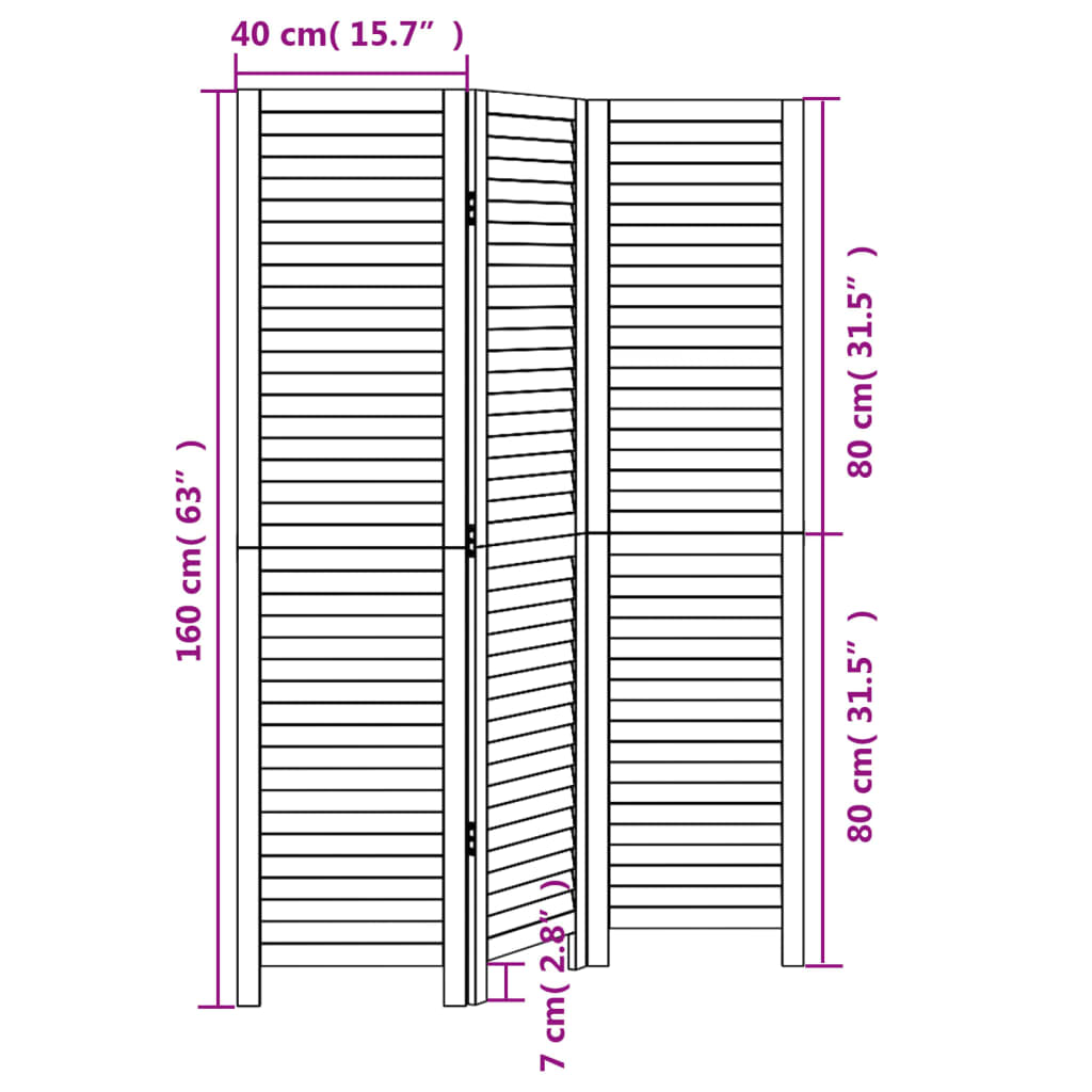 vidaXL Room Divider 3 Panels Black Solid Wood Paulownia