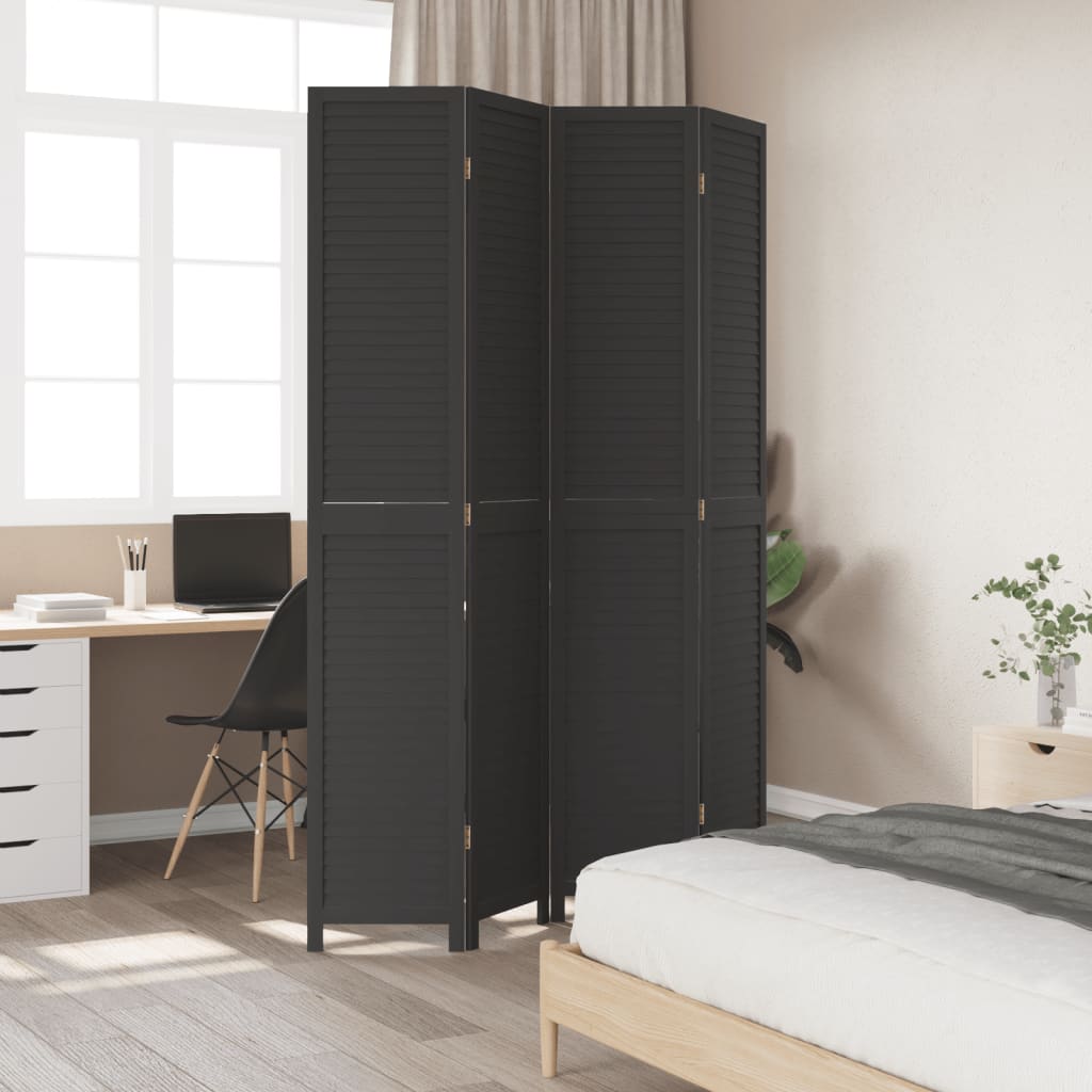 vidaXL Room Divider 4 Panels Black Solid Wood Paulownia
