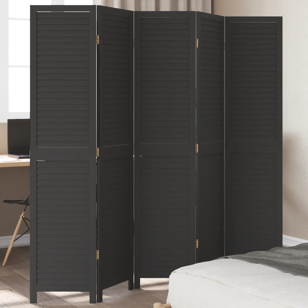 vidaXL Room Divider 5 Panels Black Solid Wood Paulownia