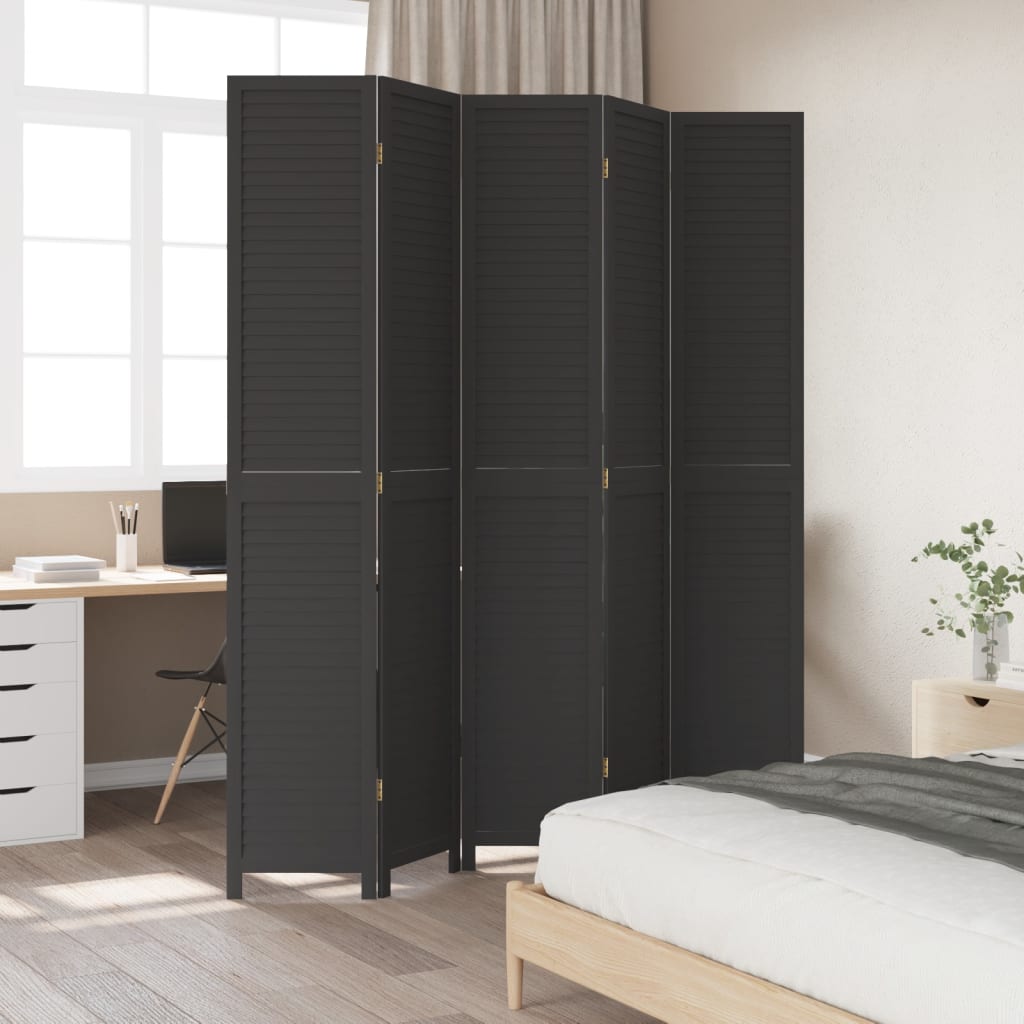 vidaXL Room Divider 5 Panels Black Solid Wood Paulownia
