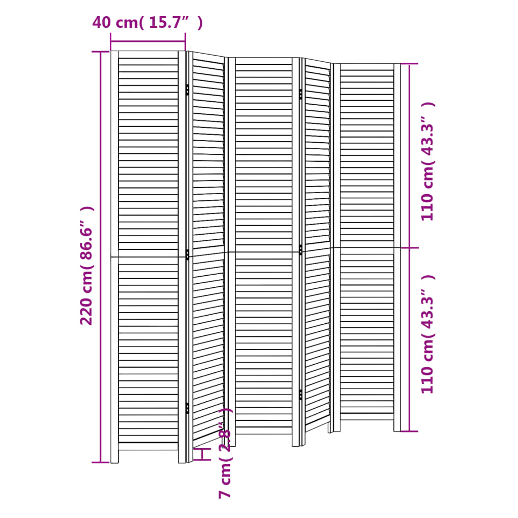 vidaXL Room Divider 5 Panels Black Solid Wood Paulownia