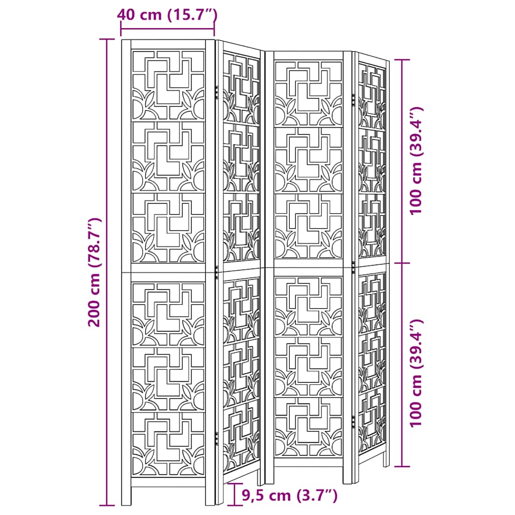 vidaXL Room Divider 4 Panels Brown Solid Wood Paulownia