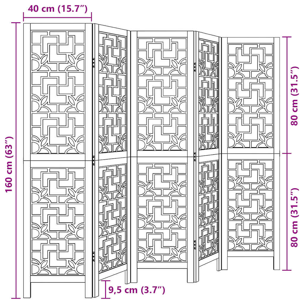 vidaXL Room Divider 5 Panels Brown Solid Wood Paulownia