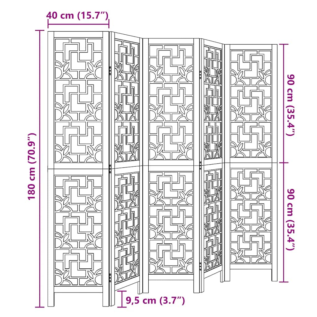 vidaXL Room Divider 5 Panels Brown Solid Wood Paulownia