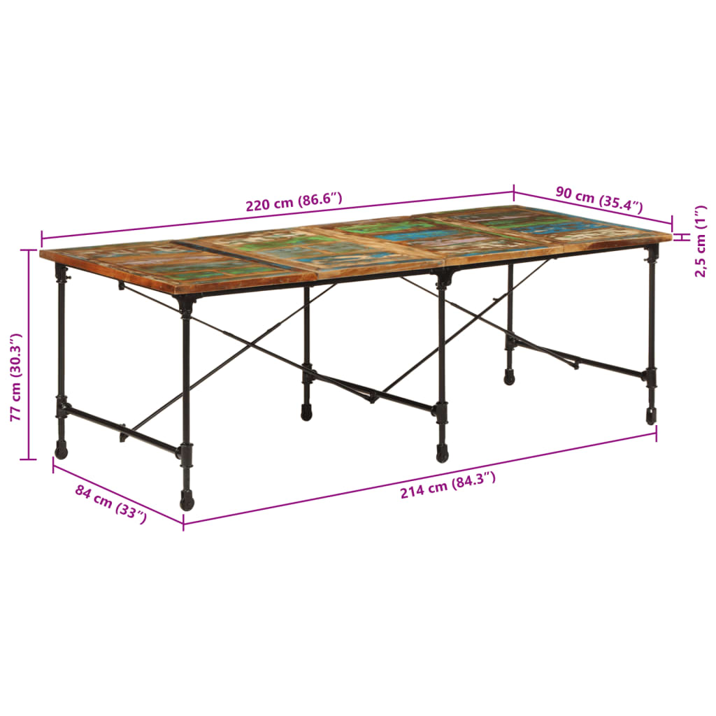 vidaXL Dining Table 220x90x77 cm Solid Wood Reclaimed