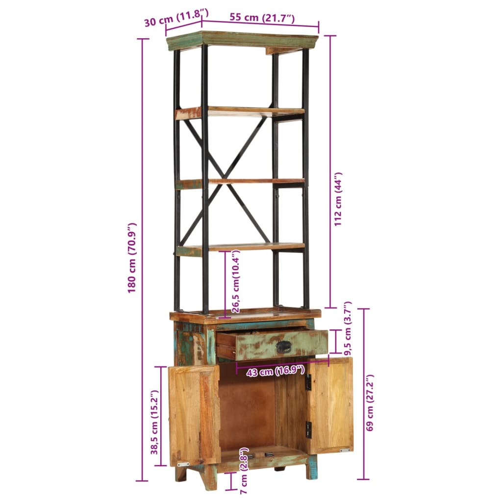 vidaXL Highboard 55x30x180 cm Solid Wood Reclaimed