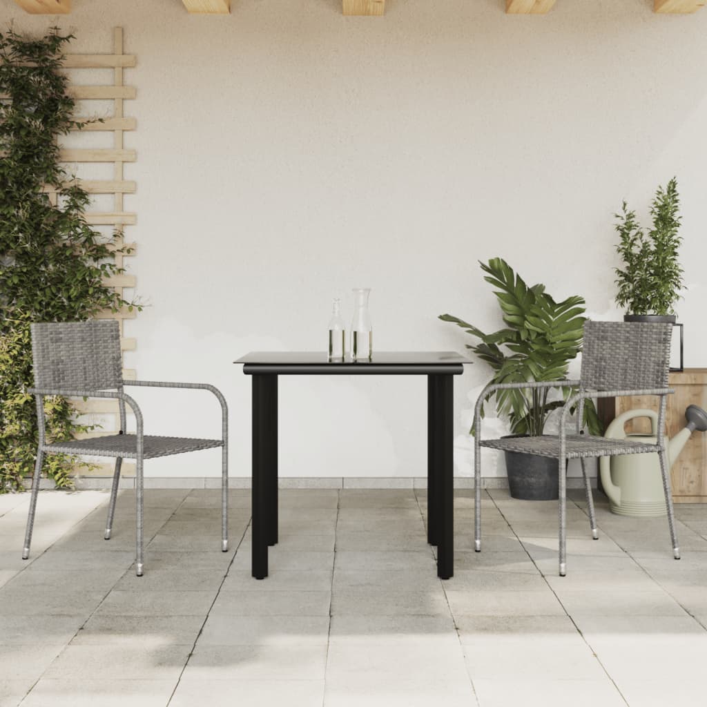 vidaXL 3 Piece Garden Dining Set Grey and Black Poly Rattan and Steel