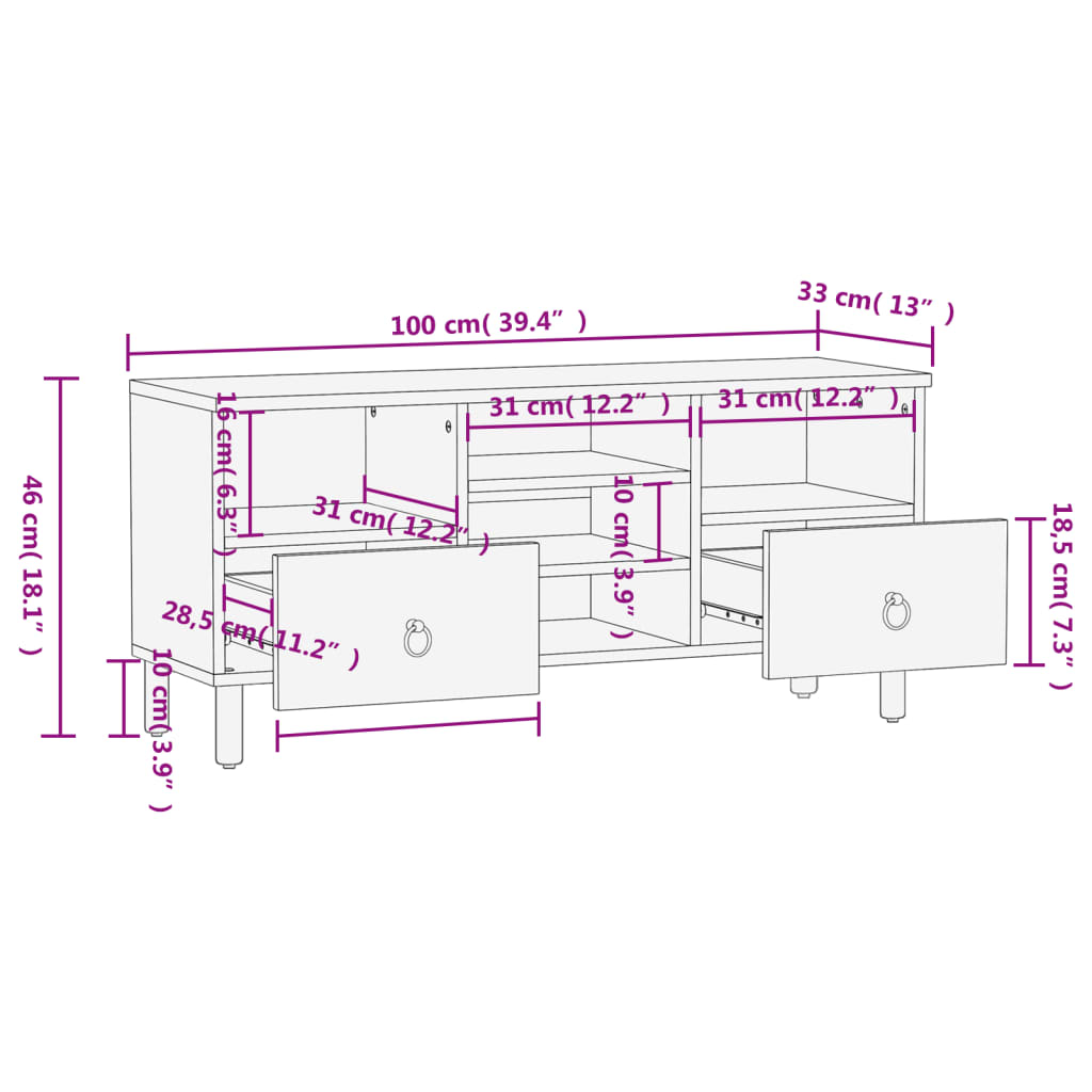vidaXL TV Cabinet 100x33x46 cm Solid Wood Mango