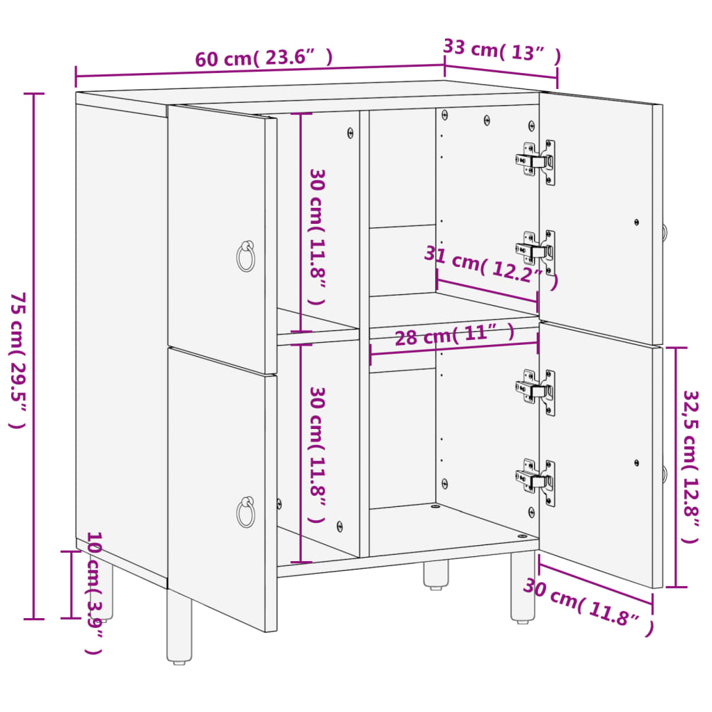 vidaXL Side Cabinet 60x33x75 cm Solid Wood Mango